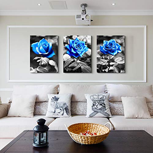 DZRWUBHS Large Wall Art For Living Room Wall Decor For Kitchen Black And White Canvas Prints Pictures Artwork Blue Rose Flowers Wall Paintings Modern Office Bedroom Room Home Decorations 3 Pieces