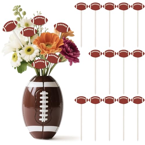 TICIAGA Football Floral Wooden Picks - 14PCS Double-Sided Football Flower Decorative Picks for Vase Filler Decorations Rugby Ball Flower Arrangements for Sport Theme Birthday Party Centerpiece Decor