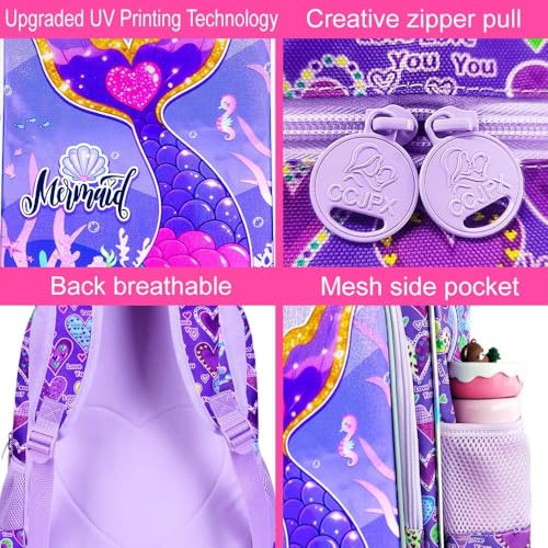 Image of 3Pcs Mermaid Backpack for Girls, 16 inch School Bookbag Set with Lunch Box,Kids Backpacks for Elementary Preschool Kindergarten (Purple)