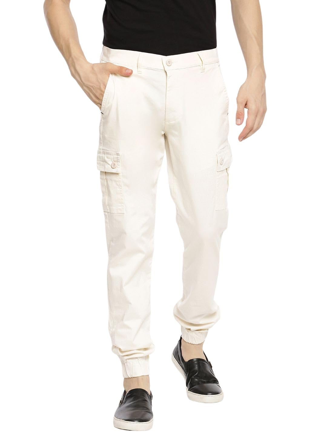 Men Mid Rise Slim Fit Solid Mid-Rise Cuffed Cargos White, 30