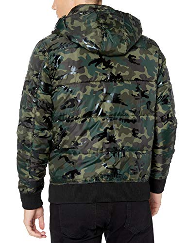 GUESS Men's Print Hooded Puffer Jacket, Olive Camo, Small