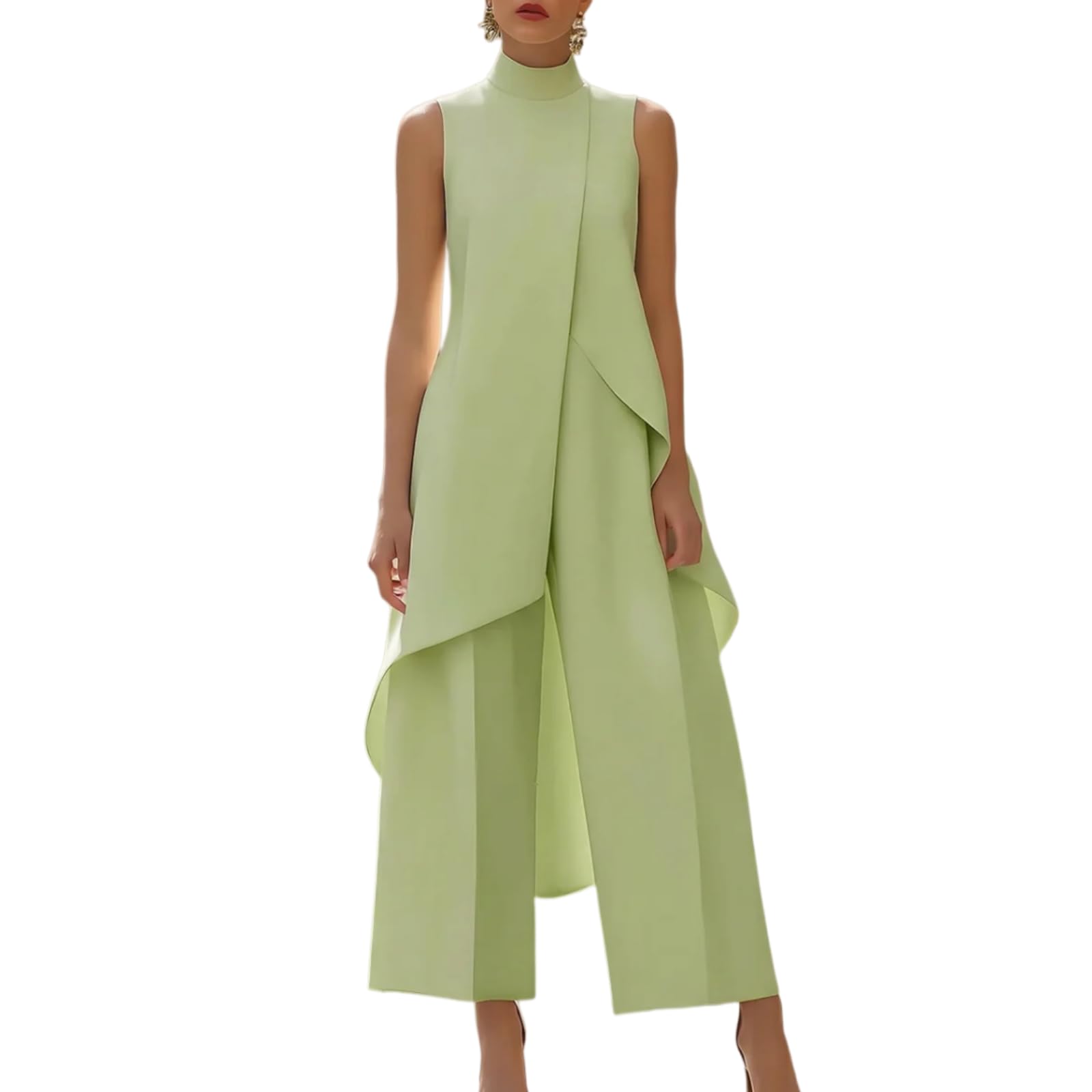 Generico Completo da donna a due pezzi senza maniche, composto da un elegante top asimmetrico a collo alto e pantaloni a gamba larga.