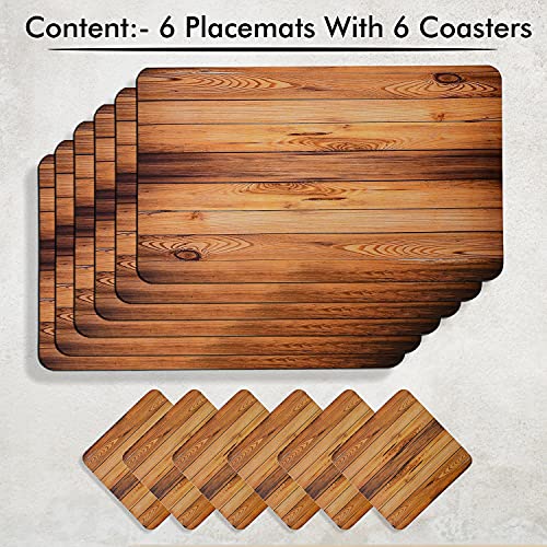 Image of Yellow Weaves 6 Piece Wooden Style PVC Dining Table Placemats, (Color - Wood)