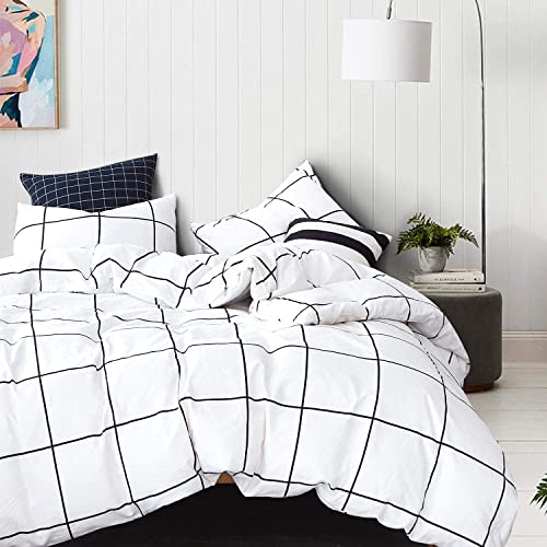 Image of KAREVER White Grid Comforter Set Big Grid Bedding Set Full White Black Plaid Printed Stripes Women Checkered Comforters Bedding Set Girls White Grid Bed Blanket Set White Plaid Full Comforter