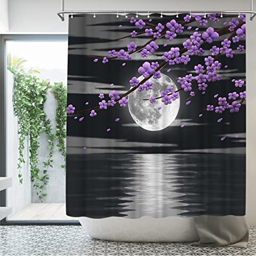 Atgowac Purple Flower Shower Curtain Black And White Full Moon Night Seascape Cloth Fabric 72"X72" With Hooks Bathroom Decorative Bath Curtain #TOP1