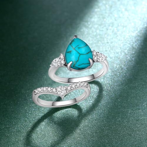 Genuine Sterling Silver Turquoise Wedding Ring Set - Real Turquoise Engagement Rings for Women3