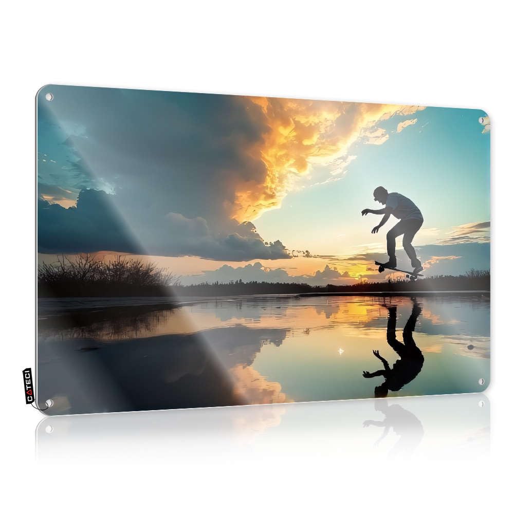Skateboarder Performing Trick Over Reflective Water At Sunset. Tin Wall Decor Decore | Modern Gift For Dad Decorative Wall Art(20X30CM)