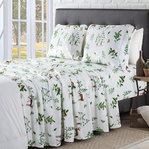 Elegant Comfort Luxuriously Soft 4-Piece Holiday Velvet Plush Flannel Sheet Set - Premium Quality - Cozy Warm, Christmas Fuzzy Velvet Flannel Fleece Deep Pocket Sheet Set - Twin, Enchanted Woods