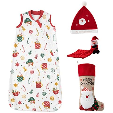 Duomiaomiao 4 in 1 Baby First New Year Sleeping Bag Gift Set, Newborn Gift including 1.5 Tog Sleeping Bag 3-9 Months, Comforter Blanket, Santa Hats, Decoration Stockings Cover