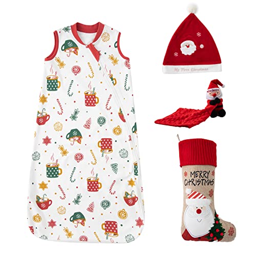 Duomiaomiao Baby Schlafsack Set, Weihnachtssocken, Weihnachtsmütze, My First Christmas Schnuffeltuch, 100% Baumwolle Schlafsack Baby Neugeboren Geschenk Cover