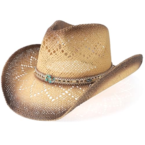 WQWOVRVO Cowboy Hat Cowgirl Hat Cowboy Hats for Women/Mens/Straw Wide with Shapeable Brim Western Cowboy Hat for Womens (US Alpha One Size Tawny & Coffee Color)
