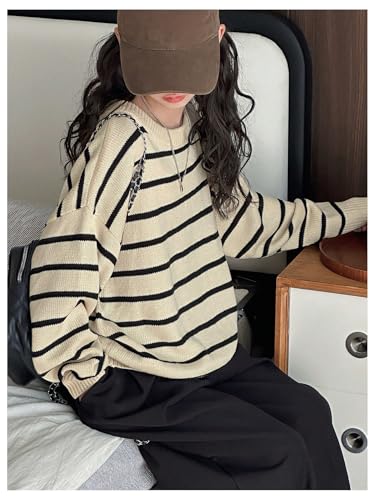 OYOANGLE Girl's Striped Crewneck Sweater Long Sleeve Button Back Loose Casual Pullover Jumper Tops4