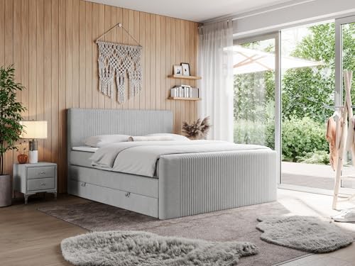 MKS MEBLE Boxspringbett Doren King 120x200 cm, Polsterbett mit Kopfteil und Bettkasten, Bett mit Multipocket-Matratze H3, Boxspringbett mit Topper T25 - Hellgrau Struktur