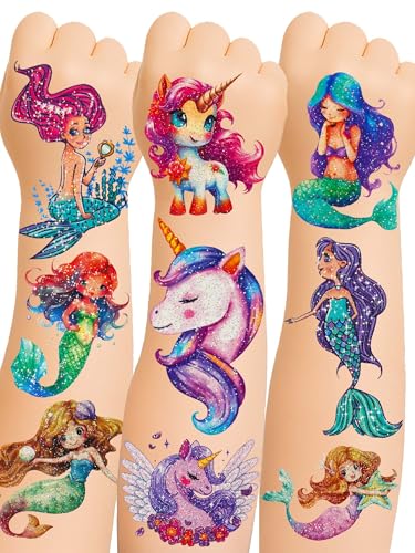 150+ Glitter Temporary Tattoos for Kids - Mermaid Unicorn Party Favors for Girls - Individually Wrapped & Waterproof Birthday Supplies