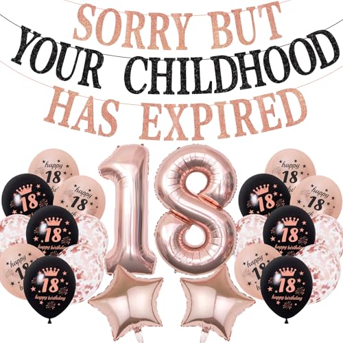 Palloncini decorativi per 18° compleanno ragazze - 23 pezzi oro rosa nero coriandoli in lattice palloncini a stella Sorry But Your Childhood Have Expired Banner per ragazze accessori decorativi per