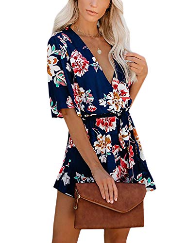 Aimcoo Women's Summer Deep V-Neck Floral Print Ruffles Short Flared Half Sleeve Sleeve Belted Wrap Short Jumpsuit Romper #TOP4
