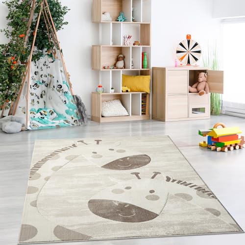 payé Teppich Kinderzimmer 120x160cm - Pastell Beige Creme - Kurzflor Spielteppich mit niedlichen...