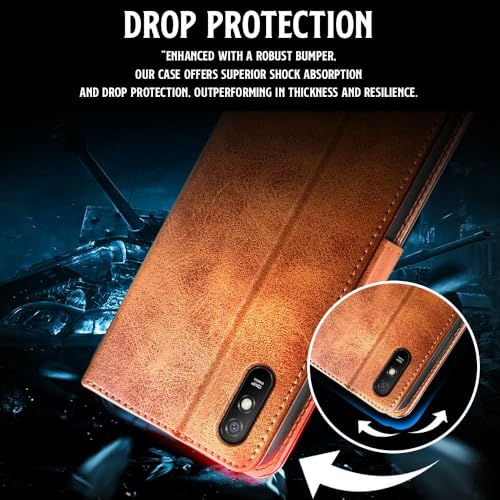 Image of WOW IMAGINE Shock Proof Flip Cover Back Case for Xiaomi Mi Redmi 9A | 9i | 9A Sport (Magnetic Button Flip Case | Wallet Pockets & Stand | Leather Finish | Alder Brown)