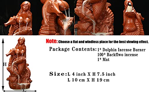 Beauty Mermaid Red Porcelain Backflow Incense Burner Holder With 100 Cones And 1Mat, Statue Figurines Artwork Crafts Gift #TOP4