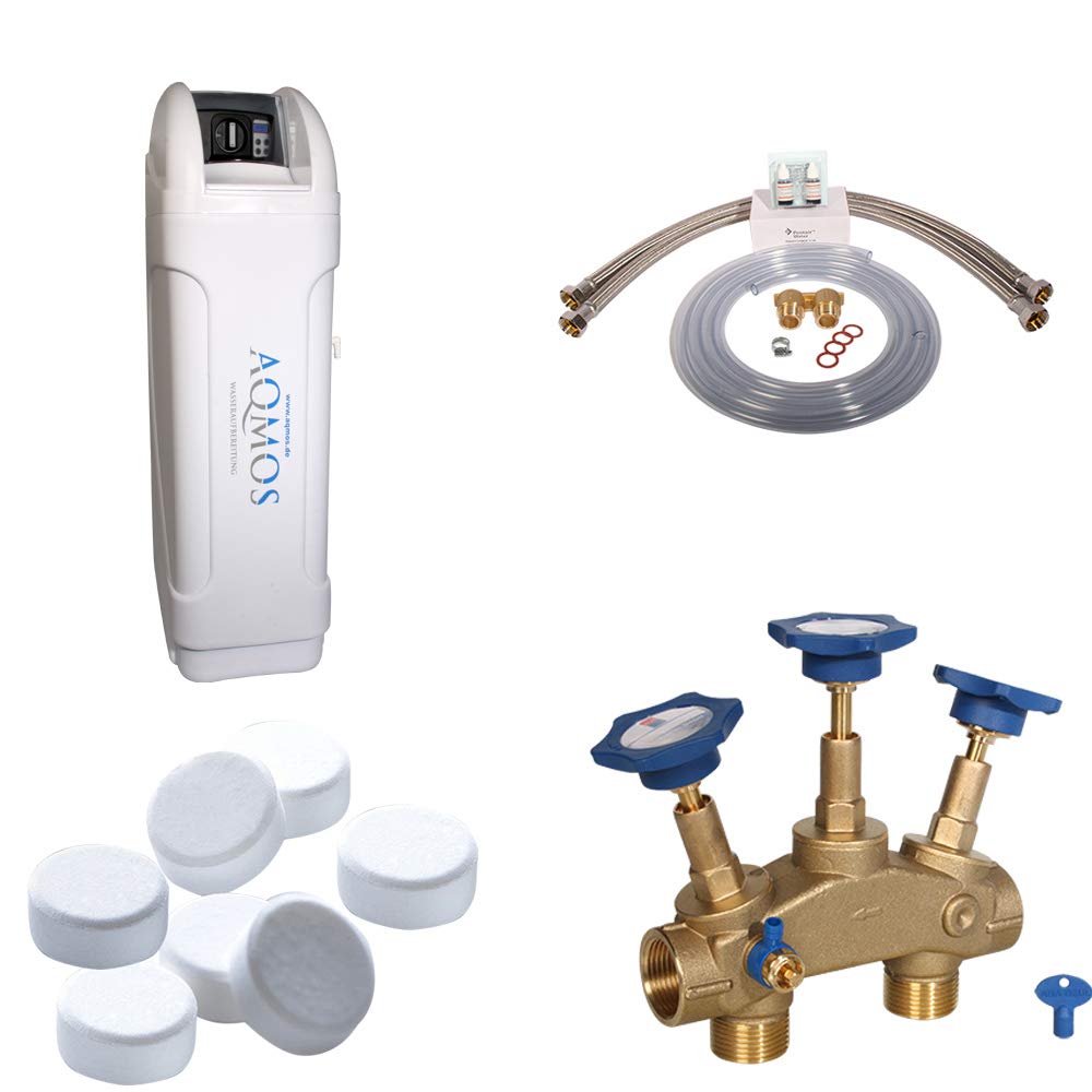 Aqmos BM-120 Wasserenthärtungsanlage Set mit Montageblock 100kg Regeneriersalztabletten für Haushalte bis 9 Personen