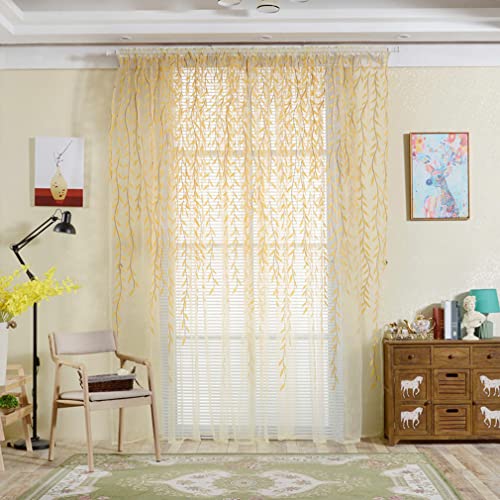 Linxtar 2 Panels Willow Voile Curtains Tulle Sheer Yellow Leaf Curtains Theme Nursery Decorative Cute Gauze Curtains Cozy Voile Panel Drapes For Kids Living Room Porch Nursery Window Decor #TOP2