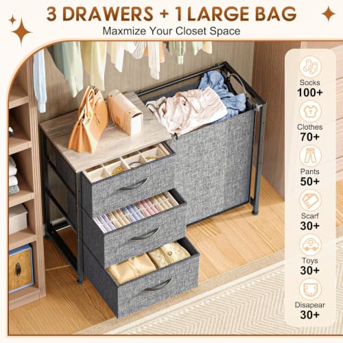 Hongtamoya 2-in-1 Closet Organizers and Storage, 3 Drawer for Closet, Grey | Closet Drawers with Removable Laundry Basket & Wooden Top, Dresser for Closet, Closet Drawer Units for Bedroom, Dorm - image 2