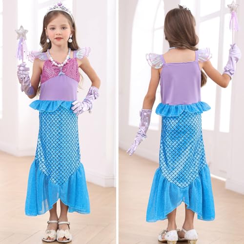 iTVTi Little Girls Mermaid Costume Princess Dress Up Ariel Outfits with Accessories Wig Birthday Party Halloween Cosplay