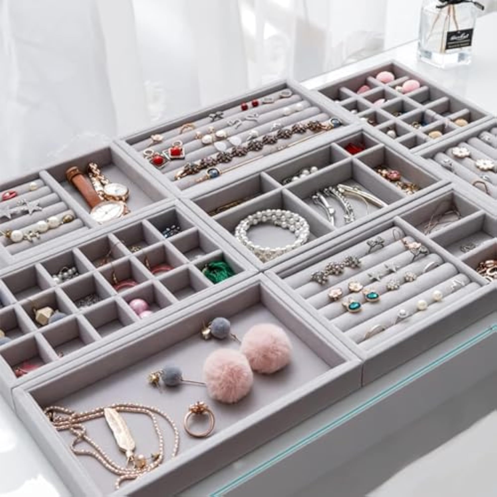 Stackable Velvet Jewellery Trays Organizer Set of 2