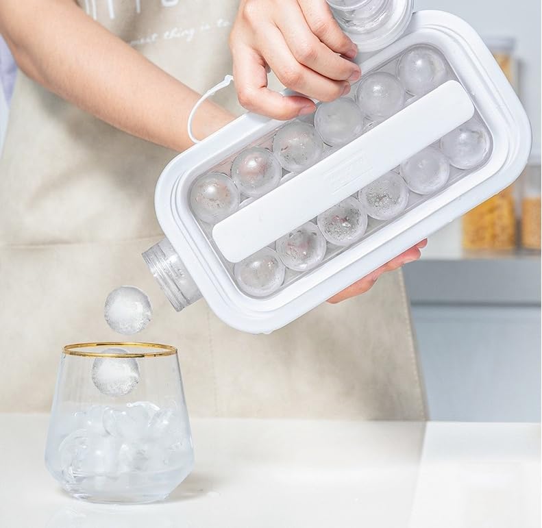2-in-1 ice Bottle - Circular Pebble ice Making Mold Cooling with ice Container Leak Proof BPA Free Suitable for Beverages Coffee Beer Whiskey and soda Water (White 1.2L)