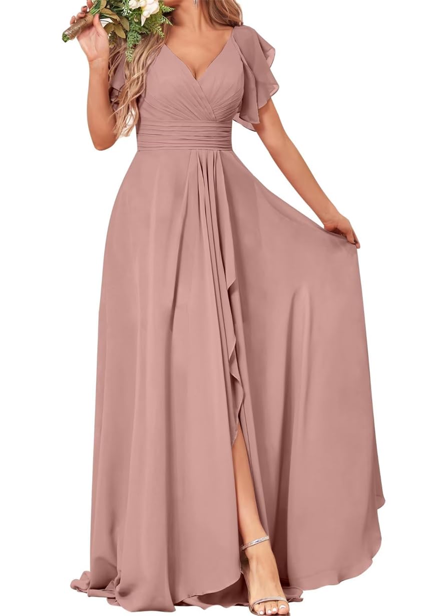 Aherkll Women's Dusty Rose Wedding Bridesmaid Dress Short Sleeve Chiffon V Neck Formal Evening Party Prom Gowns With Slit Ah139 Uk28