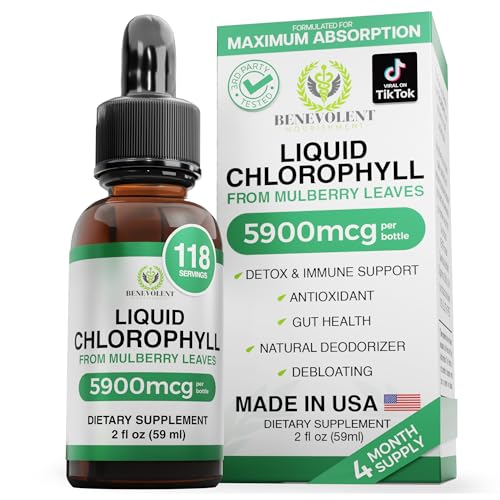 Benevolent Chlorophyll Liquid Drops with Copper for Max Absorption - 5900mg Concentrated Formula for Detox & Immune Support, Internal Deodorizer & Skin Health Supplement – Vegan, 118 Servings