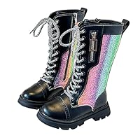 Girls' Boots Paint Leather Shoes Knee High Riding Boots for Girls Glitter Dress Boot Rainbow Sequined Shoes Kids Lace Up Dressy Boot Winter Princess Long Shoe with Zipper Comfy Round Toe Booties