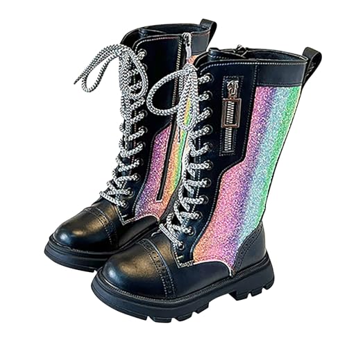 Girl's Combat Boots Metallic Rainbow Mid Calf Boots Lace Up Platform Boots Punk Gothic Fashion Festival Booties