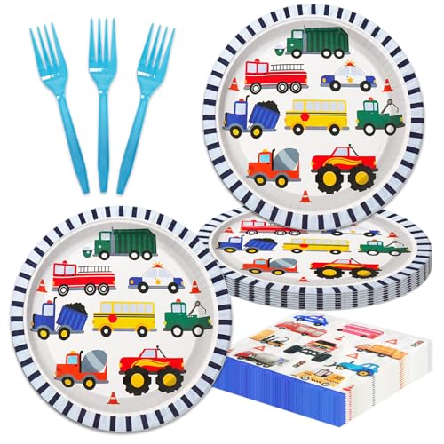 48Pcs Transportation Birthday Party Plates and Napkins for Kids Baby Shower Tableware Transport Vehicle Supplies Truck Themed Birthday Party Decorations