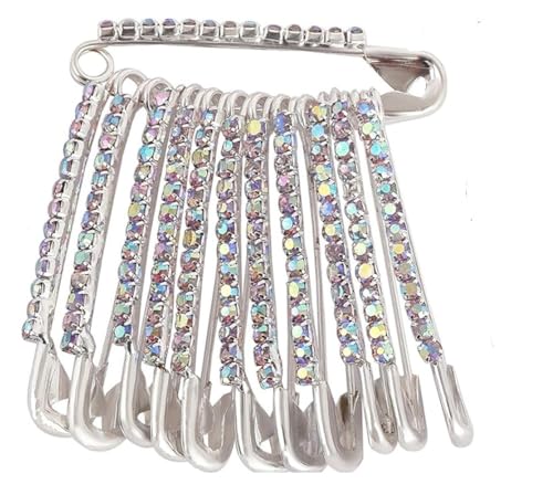 Kàllos 12-Piece Safety Pins with Multi Faux Crystal - Diamond stones Designer Safety Pins for Sarees, Clothing, and Crafts (silver)