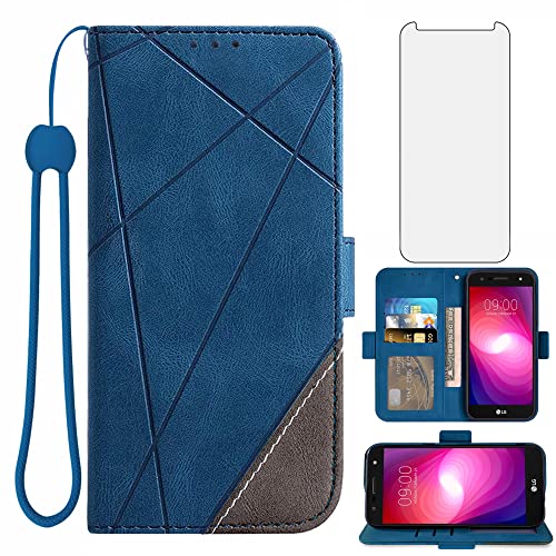 Asuwish Compatible with LG X Charge/Fiesta 2 LTE/X Power 2/X5/LV7 Wallet Case and Tempered Glass Screen Protector Flip Cover Card Holder Cell Phone Cases for LG-M322 XPower 3 SP320 M327 M322 Men Blue