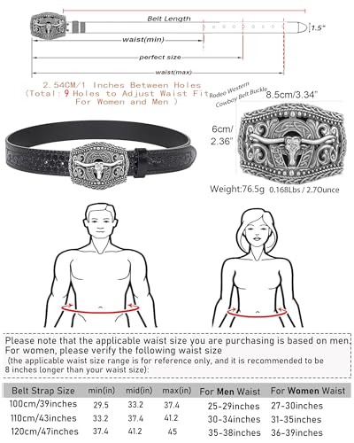 Image of Western Cowboy-Belts for Women Big-Buckle Longhorn-Bull PU-Leather Rodeo Cowgirl-Belt Engraved Floral - Waist 25-38 inch