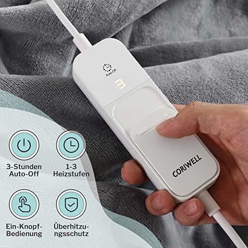 CORIWELL Wärmedecke Heizdecke mit Abschaltautomatik - 180 ×130 cm Flanell Elektrische Wärmedecke, 3 Temperaturstufen - Waschbar Heizdecke Kuscheldecke fürs Bett mit Überhitzungsschutz - Grau