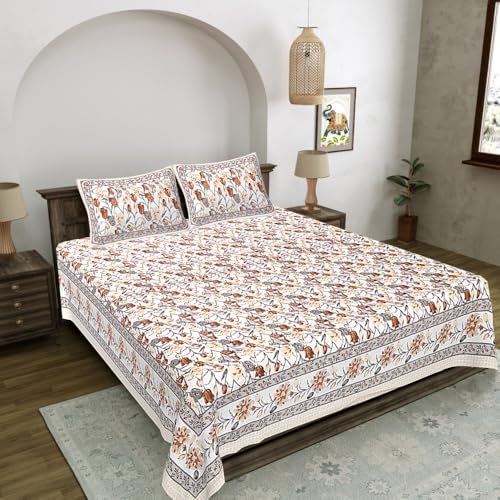 Image of Living Roots Jaipuri Hand Block Print Double Cotton Bedsheet & 2 Pillow Covers, for Mattress Upto 8 inches Thick, No Colour Bleeding, Beige Colour, Super King Size 96 * 104 inches, 150TC (576-A)
