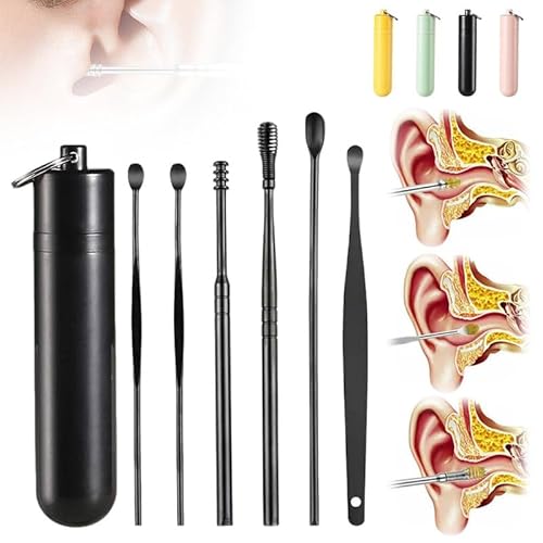 耳垢クリーナーツールセット、2024年新ステンレススチールイヤークリーナーセット、収納ボックス付き、ポータブルスパイラルイヤーワックスクリーナーツールセット、男性用と女性用手動耳垢除去キット(フルブラック、1個)