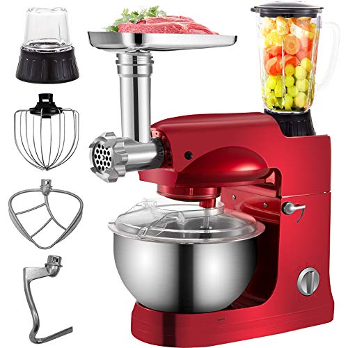 VEVOR 4 in 1 Stand Mixer 1000W Multifunctional Electric Kitchen Mixer 6-Speed Meat Grinder Juice Blender with 53QT Stainless Steel Bowl Hook Whisk and Beater Tilt-Head Dough Machine Red