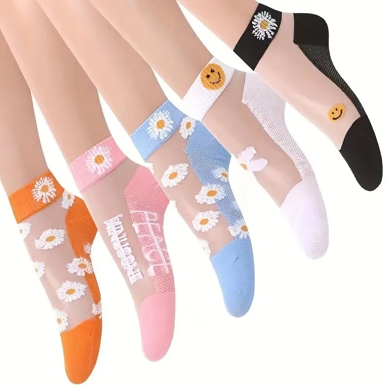 5 Pairs Women's Floral Print Short Socks, Breathable And Lightweight Transparent Socks