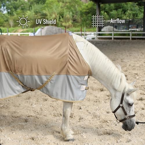 Image of BARN & STABLE Breathable and UV Protective Tear-Resistant Mesh Horse Fly Sheet Comfy Equine Summer Sheet with Removable Web Leg Straps (Gold Silver, 75 in)
