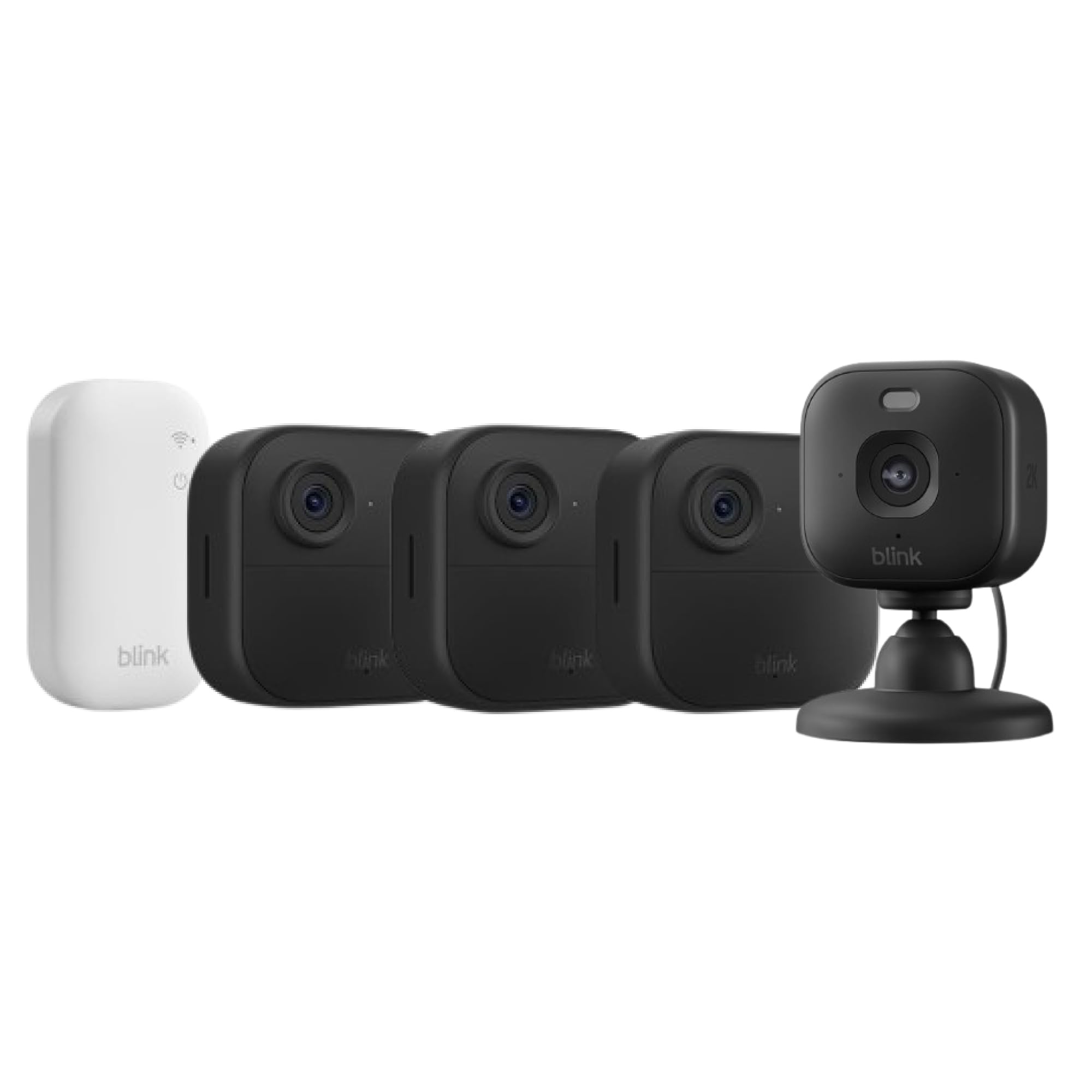 Blink-Kamera Outdoor 4 + Blink Mini 2K+ Schwarz (neueste Generation)| Kabellose intelligente HD-Sicherheitskamera, zwei Jahre Batterielaufzeit | 3-Kamera-System mit enthaltenem Sync Module Core | IP65