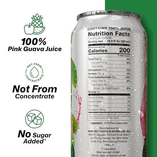 Image of VINUT 100% Pink Guava Juice, No Added Sugar, Not From Concentrate, 16.9 fl oz (500 mL) Can, Pack of 24