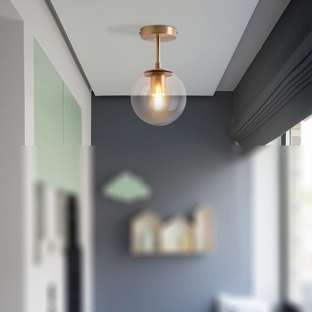 KLXSIVU Mid Century Opal Globe Semi-Flush Pendant Light,Chandelier,for Kitchen Island Dining Room Bedroom Hallway Bar Living Room, Brown,