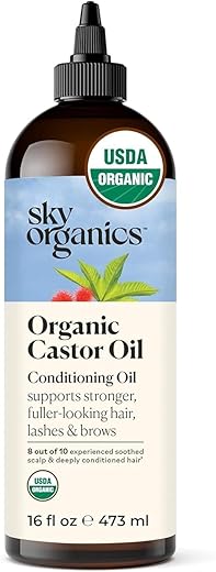 Sky Organics Organic Castor Oil for Hair, Lashes & Brows 100% Pure & Cold-Pressed USDA Certified Organic to Strengthen, Moisturize & Condition, 16 fl. Oz