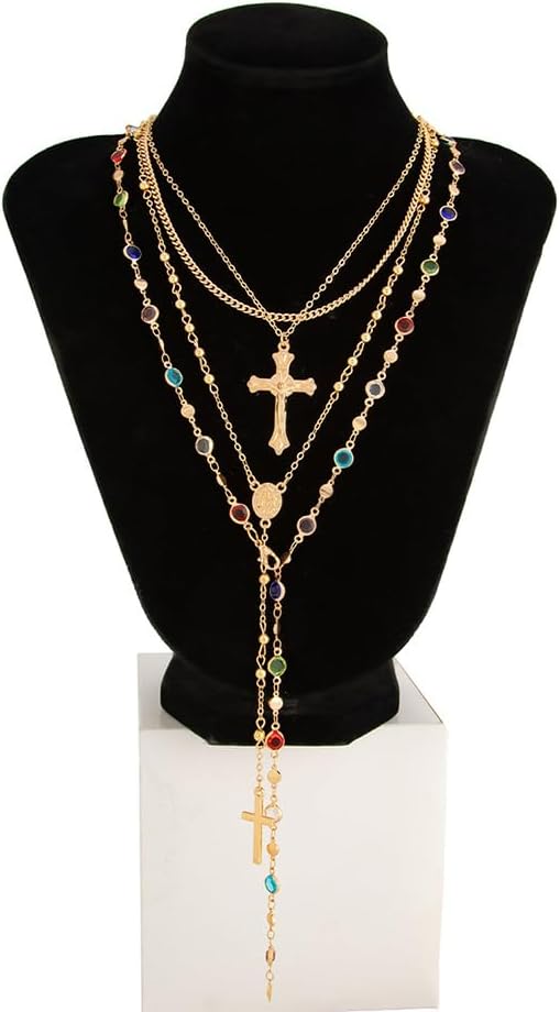 Layered Gold Long Cross Pendant Necklace, Delicate Boho Colorful Crystal Bead Y Choker Necklaces Silver Dainty Tassel Party Vacation Jewelrys for Women - Image 8