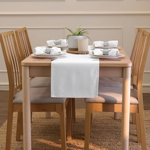 Image of Encasa XO Table Runner for 8 to 10 Seater | Cotton Canvas Fabric | Size 13x118 in | White Solid Color | Machine Washable & Durable