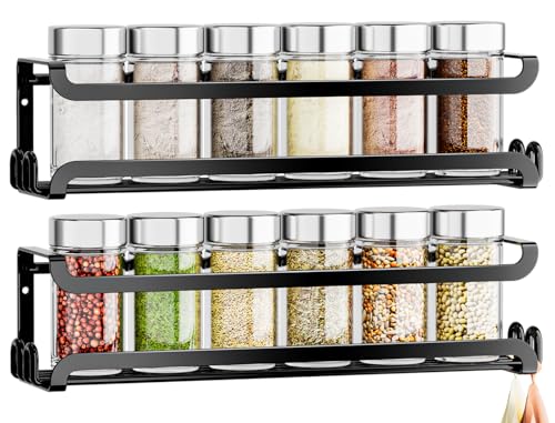 LUCYCAZ 2 Pack Wall Mounted Spice Rack with 8 Hooks, Spice Organizer Shelf for Stove Cabinet Pantry...